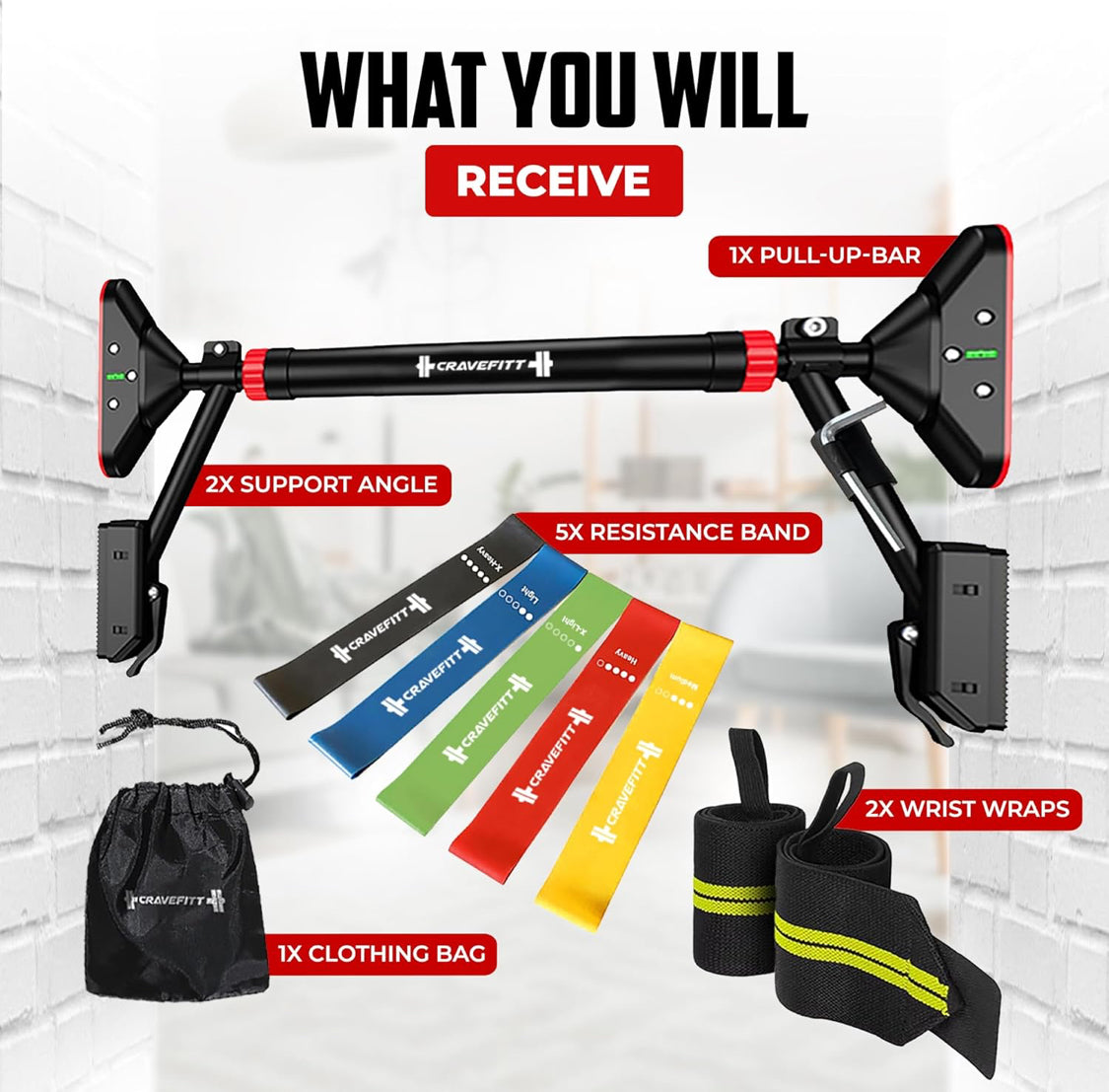 Pull Up Bar for Doorway with Resistance Bands & Wrist Wraps, Adjustable Chin Up Bar for Upper Body Workouts
