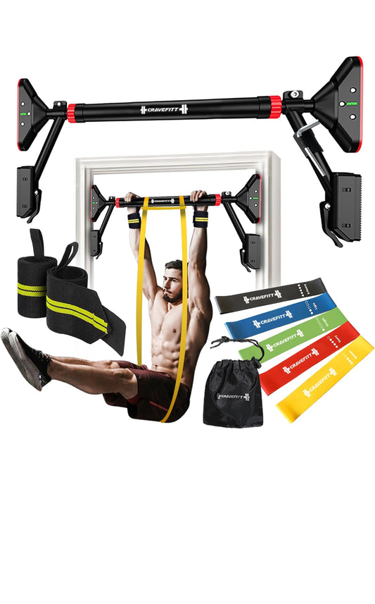 Pull Up Bar for Doorway with Resistance Bands & Wrist Wraps, Adjustable Chin Up Bar for Upper Body Workouts